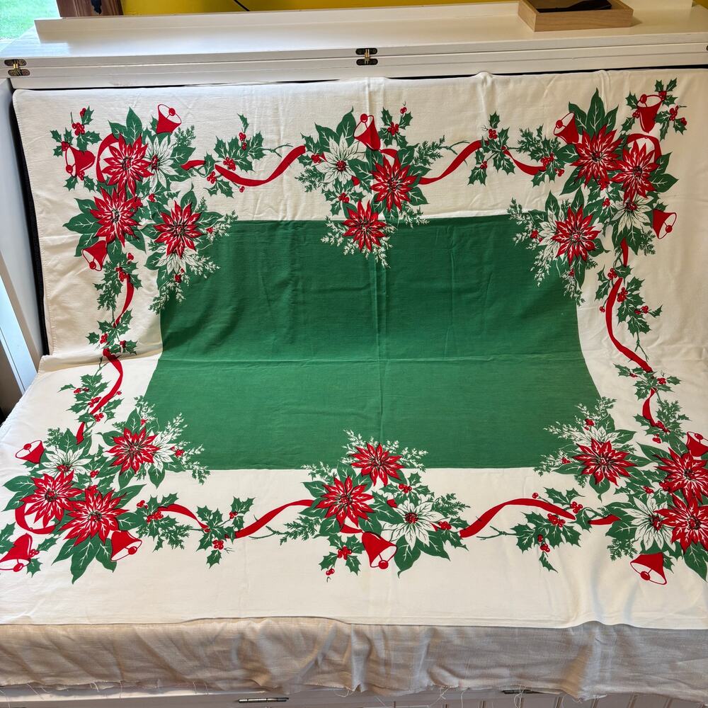 Christmas Tablecloth 60x50 Poinsettia Holly Bells Green Red Ivory Holiday